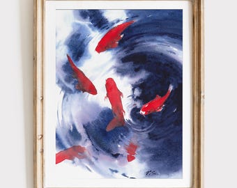 Koi Fish Watercolor Print - Zen Wall Art - Feng Shui Home Decor - Colorful Fish Painting