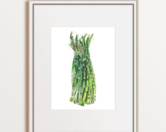 Asparagus watercolor print green vegetable illustration, gift for vegan, kitchen food wall art, greenery decor, unframed