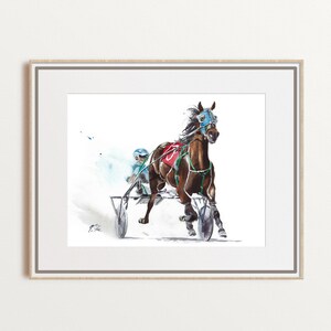 Trotter racing watercolor art, harness racing painting, horse sport giclee print, gift for son, horizontal large size, unframed