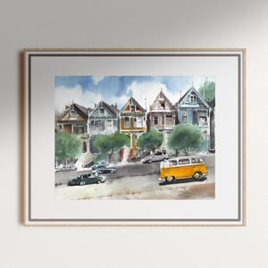 San Francisco Houses Watercolor Art – Painted Ladies Print – California Wall Decor – West Coast Travel Gift – Retro Cityscape Poster