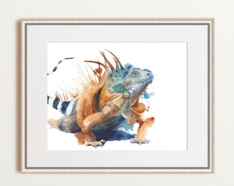 Blue iguana watercolor wall art lizard giclee fine art print, animal portrait home decor, colorful reptile artwork