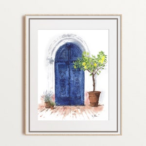 Mediterranean blue door painting, old ornate door print, housewarming gift, minimalist watercolor, beach coastal decor, large size, unframed