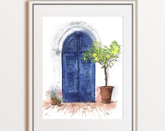 Mediterranean blue door painting, old ornate door print, housewarming gift, minimalist watercolor, beach coastal decor, large size, unframed