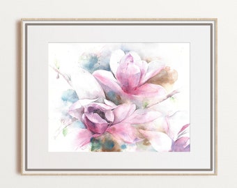 Magnolia watercolor art pink floral painting, impressionist giclee fine print, gift for mom, unframed