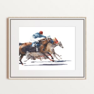Horse Racing Art Print – Equine Watercolor Wall Decor – Jockey and Racehorse Painting – Equestrian Sports Artwork – Dynamic Horse Print