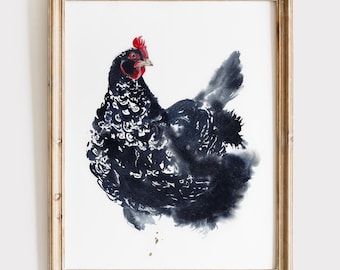 Black Chicken Watercolor Print - Farmhouse Kitchen Wall Art - Rustic Home Decor - Hen Lover Gift