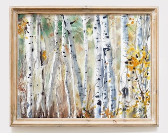 Puede incluir: Una pintura en acuarela enmarcada que representa un bosque denso de abedules blancos con marcas negras. La escena presenta troncos de árboles verticales sobre un fondo suave y tenue con parches de follaje otoñal de color amarillo y naranja vibrante.