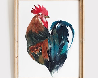Rooster Watercolor Print - Farmhouse Bird Kitchen Wall Art - Chicken Lover Gift