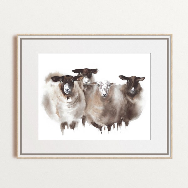 Flock of sheep watercolor print, Suffolk sheep painting, farm animal portrait, farmhouse wall art, farmer gift, neutral home decor, unframed