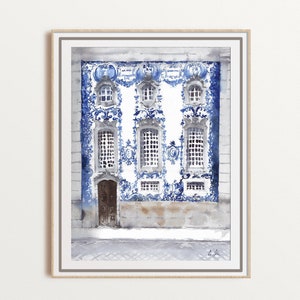 Porto print, Portugal watercolor painting, travel wall art, blue house giclée print, wedding gift, unframed