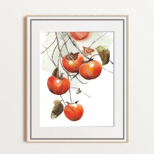 Persimmon Branch Watercolor Art – Autumn Kitchen Wall Decor – Fruit Print for Foodie Home – Rustic Dining Room – Harvest Season Gift