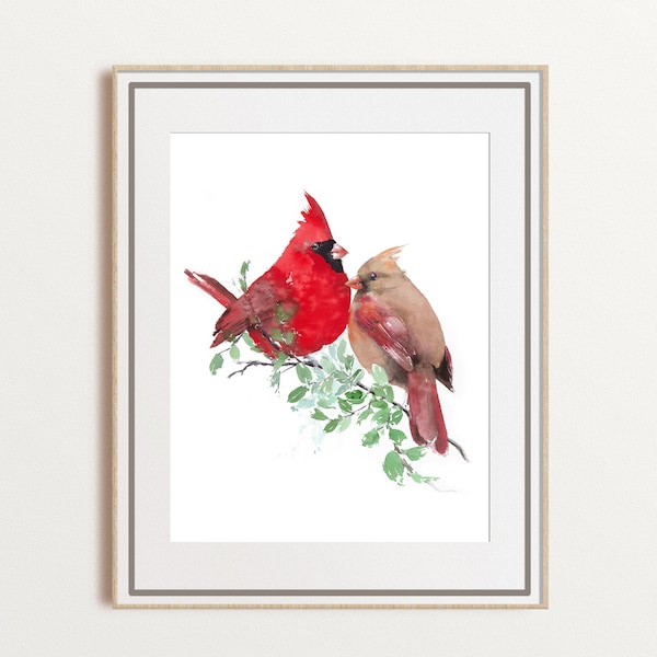 Cardinal painting watercolor art print, gift for couple, spiritual gift, winter birds art, large giclee wall art, unframed