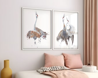 Set of 2 sandhill cranes watercolor art, giclee fine print, bird couple wall art, courting cranes print set home decor, large size artwork