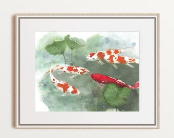 Koi fish Zen watercolor art print wall decor, fish pond fine art print, Feng Shui home decor, large size, unframed