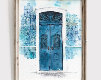 Lisbon Blue Door Watercolor Art – Portuguese Azulejo Wall Decor – European Old City Print