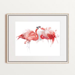 Flamingo watercolor print, tropical bird couple painting, pink coastal beachy decor, nursery wall art, mom birthday gift, unframed