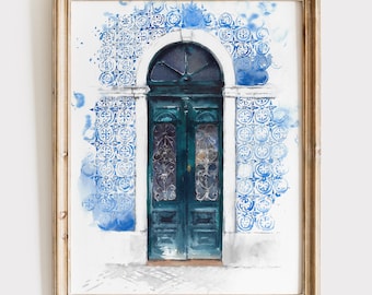 Blue Door Watercolor Print – Lisbon Street Artwork - Portugal Tile Wall Art