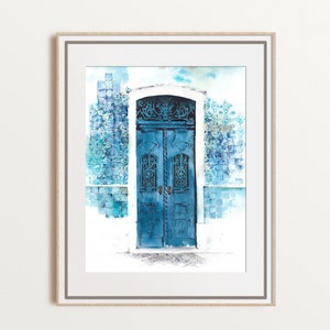 Lisbon Door Watercolor Art – Portuguese Blue Tile Wall Print – Azulejo Architecture Decor – Travel Gift – Rustic European Wall Art