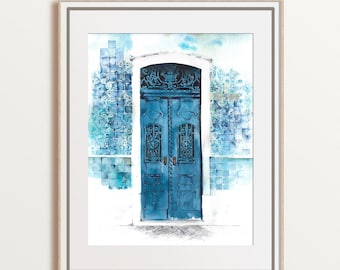 Blue old door watercolor art, Lisbon street artwork, travel gallery wall, Portugal wall art, teal door art print, unframed