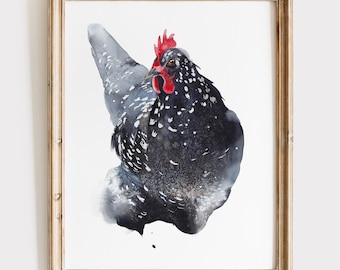 Chicken Watercolor Print - Farmhouse Kitchen Decor - Rustic Home Decor - Ancona Hen Lover Gift