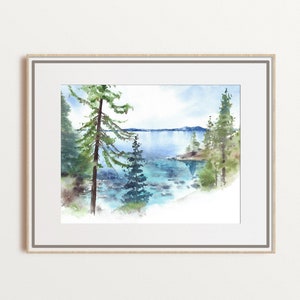 Lake Tahoe watercolor art, California giclée print, Nevada landscape wall art, pine trees home decor, blue teal print, large size