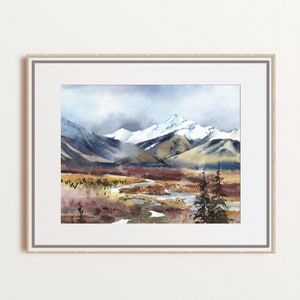 Denali National Park Watercolor Art – Alaska Landscape Wall Decor – Mountain Travel Print – Wilderness Painting