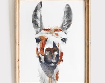 Llama Watercolor Print - Animal Portrait Painting - Boho Farm Wall Art