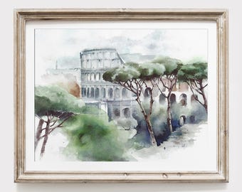 Colosseum Watercolor Print - Italian Ancient Architecture Wall Art - Rome Cityscape Painting