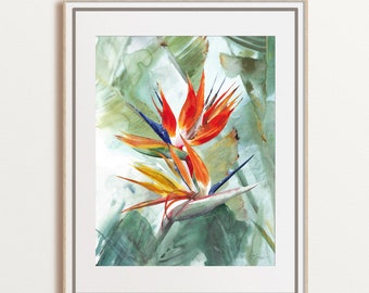 Bird of Paradise watercolor art tropical flowers painting, coastal decor, giclee fine print, large print, unframed