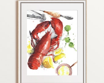 Lobster watercolor art  print, seafood illustration, bright colorful kitchen artwork, gift for cook, restaurant wall art, unframed