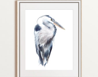 Grote blauwe reiger aquarel kunst, kusthuisdecor, vogelliefhebber cadeau, dierenportret, ingelijst