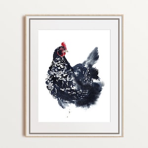 Chicken watercolor print, kitchen wall art, modern farmhouse decor, chicken lover gift, black chicken painting, large size, unframed