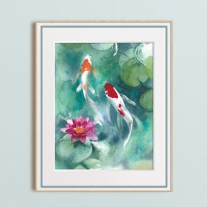 Koi fish Zen watercolor art,  koi giclee print, fish pond wall art, green home decor, Feng Shui artwork, pink lotus flower art, unframed