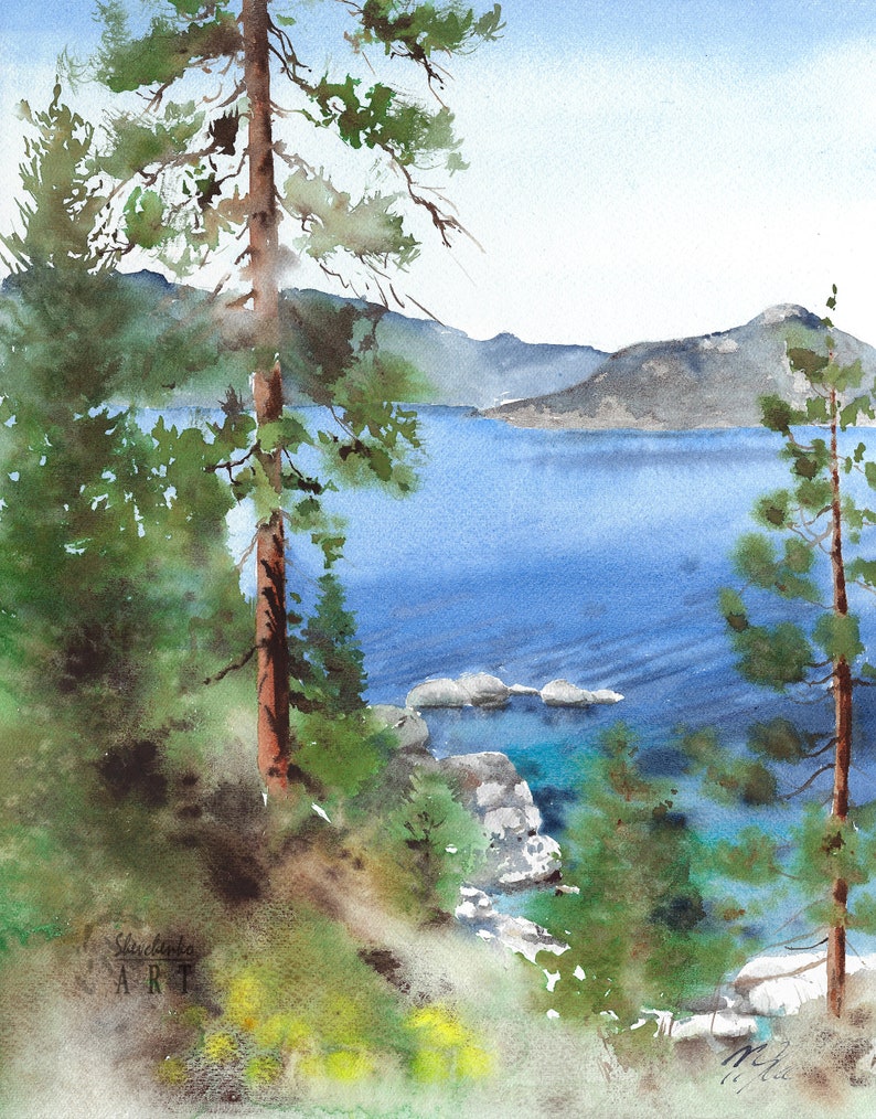 Lake Tahoe Watercolor Print - California Nevada Landscape Art - Rustic ...