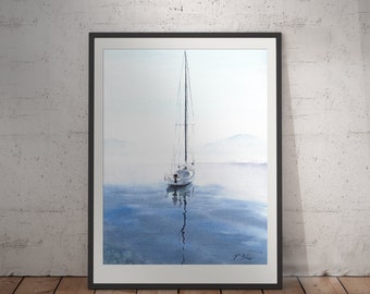 Sailboat painting nautical watercolor art, soft pastel blue color decor, seascape giclee fine print