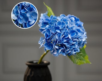 Tallo de hortensia azul de tacto real, centro de mesa de flores artificiales de 21 ", decoración floral DIY, decoración de mesa de boda, decoración premium de hortensias falsas para el hogar