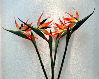 Real Touch Bird of Paradise Stem, Fake Silicone Strelitzia Long, 4pcs Orange Flower Arrangement, 25" Artificial Tropical Flower Decoration