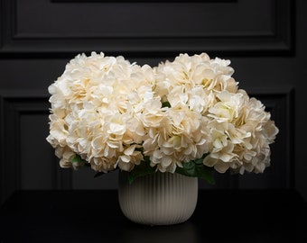 The Ivory Lady | Real Silk Touch Hydrangea Centerpiece | Fake Artificial Hydrangea Aesthetic Flower in Vase | Modern Contemporary Decor