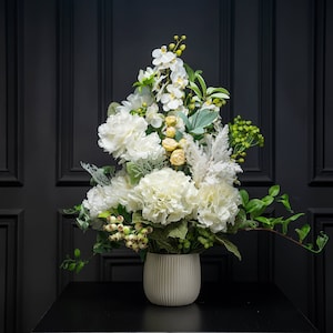 Large Real Touch Floral Arrangement, White Faux Centrepiece Decor Coffee Table, Dining Room Fake Orchid Flower, Luxury Silk Roses in Vase