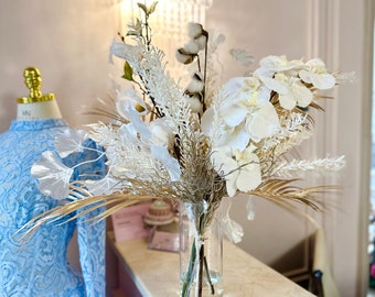 White Flower Bouquet in Vase, Real Touch Flower Arrangement, Gold Flowers for Table Decor, Winter Artificial Bouquet, Silk Floral Bouquet