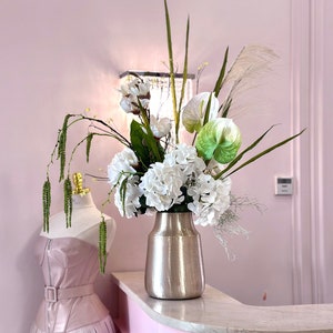 Tall Faux Flower Arrangement Table Decor in Metallic Vase, Artificial White Flower Centerpiece Dining Table Decor, Real Touch Silk Flower