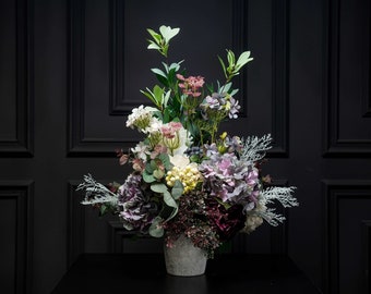 The Duke | Artificial Rustic Flower Arrangement in Vase Fake Wildflower Bunch | Real Touch Centerpiece for Dining Table Decor Purple Flower