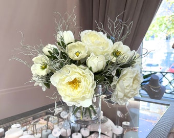 White Peony Bouquet in Glass Vase, Artificial Flower Bouquet for Dining Table Decor, Real Touch Peony Bouquet in Clear Vase, Table Bouquet