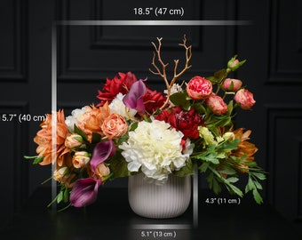 Der Rothirsch | Luxus Real Touch Blumengesteck, künstliche Blume Tischdekoration Vase, rotes Faux Herzstück, Seidenblumendekor