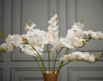 Real Touch 9 Head Orchid Flower Stem Long Orchid Artificial Flowers Faux Plants Fake Floral Decor White Home/Wedding Decoration DIY Supply