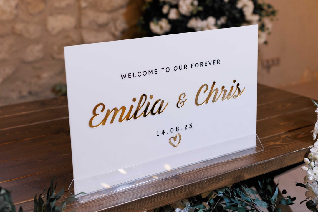 Unique Rose Gold Mirror Wedding Welcome Sign with 3D White Acrylic Names  CS109