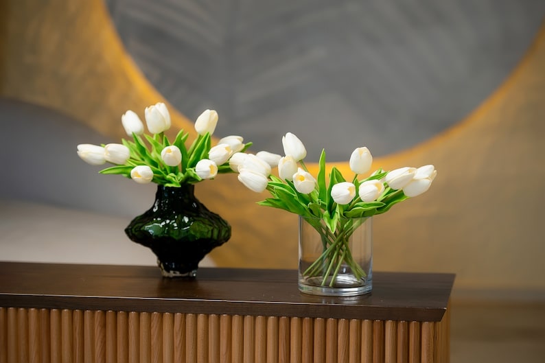 Real Touch White Tulip Flowers, PU Tulip Faux, Party Supply, Artificial Tulips for Bouquet, 14" Fake Tulip, Home/Wedding Decor, DIY Flowers