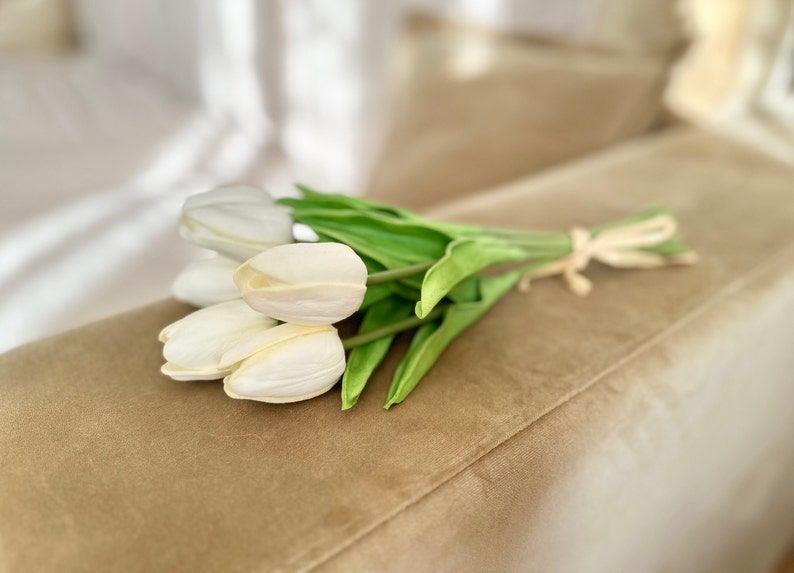 PU Tulip Faux Real Touch White Tulip Flowers, Artificial Tulips for Bouquet, 14" Fake Tulip, Home/Wedding Decor, DIY Flowers, Party Supply