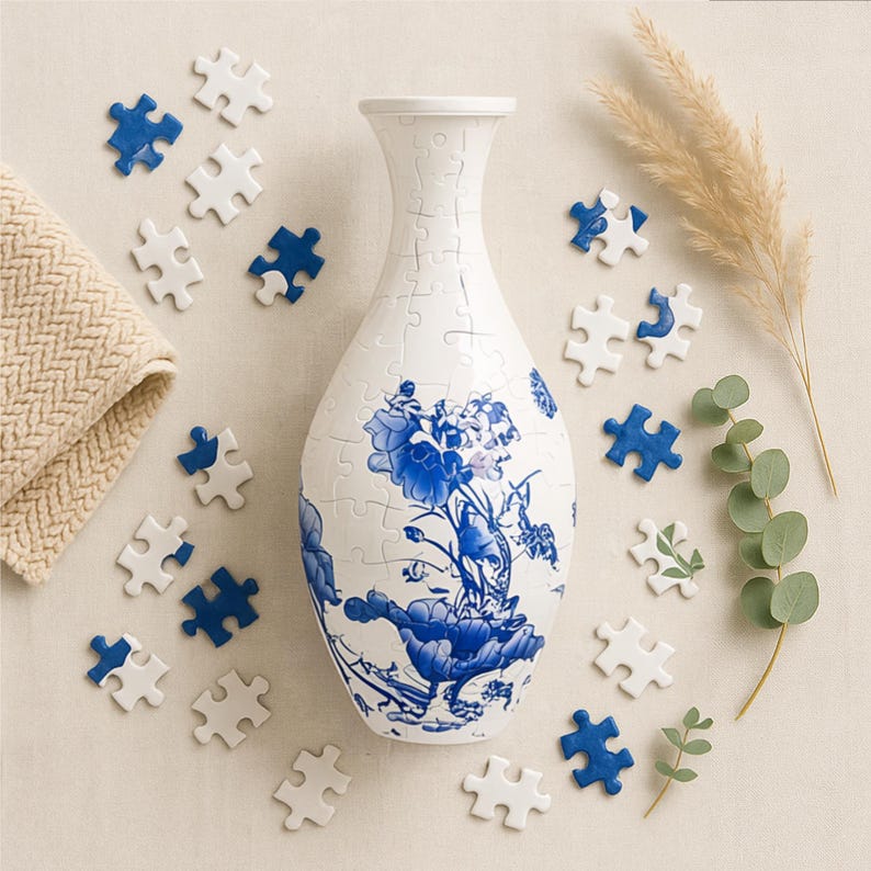 May include: A white puzzle vase with a blue floral design, surrounded by puzzle pieces in white and blue. The vase is a decorative item, and the puzzle pieces suggest a game or activity.