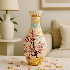 May include: A cream-colored vase puzzle with a cherry blossom design. The vase features a tree with pink flowers and a yellow and blue background. Puzzle pieces are scattered on a white marble table. A lamp and a couch are in the background.
